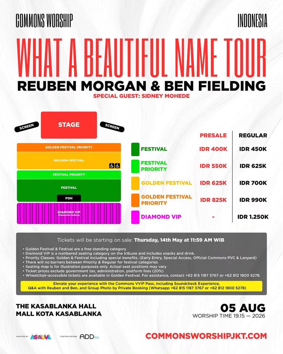 Poster konser Commons Worship What a Beautiful Name Tour di Jakarta 2026 menampilkan harga tiket, kategori tempat duduk, dan jadwal acara di The Kasablanka Hall.