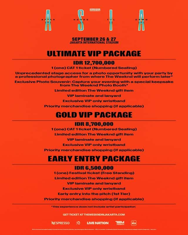 Poster harga tiket konser The Weeknd di Jakarta International Stadium menampilkan paket Ultimate VIP, Gold VIP, dan Early Entry dengan rincian harga.
