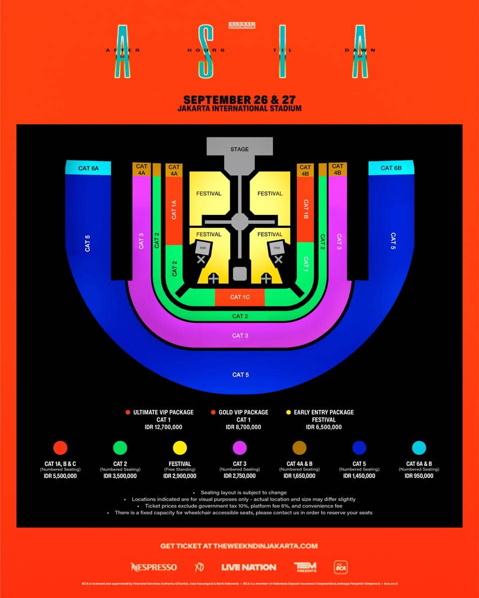 Denah tempat duduk dan daftar harga tiket konser The Weeknd di Jakarta International Stadium pada 26 dan 27 September.