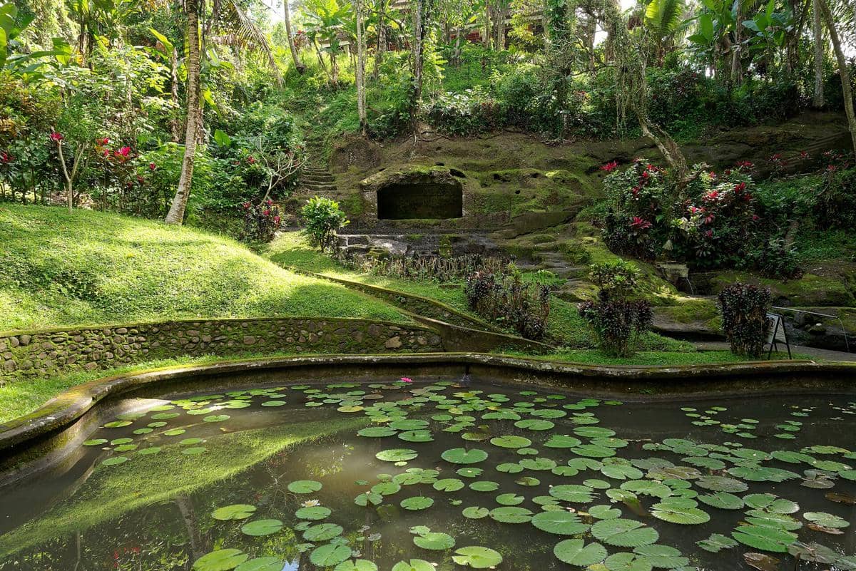 Taman hijau di dalam Goa Gajah dengan kolam berisi daun teratai, dikelilingi pepohonan tropis dan tebing berlumut di Bali.