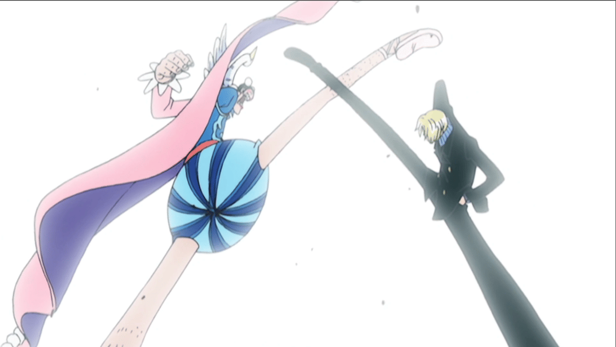 Bentham dan Sanji saling menendang dalam pertarungan sengit di anime One Piece dengan latar putih yang terang.