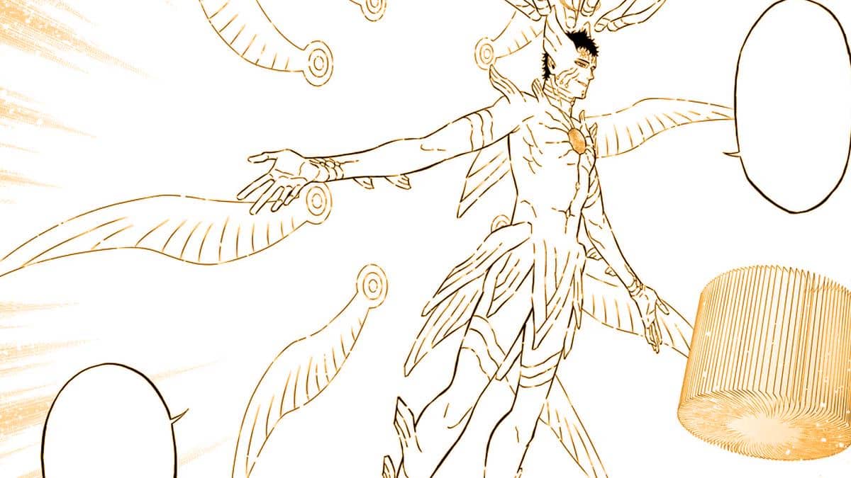 Ilustrasi karakter Lucius dalam wujud terkuatnya dari manga Black Clover dengan aura sihir dan sayap bercahaya di sekelilingnya.
