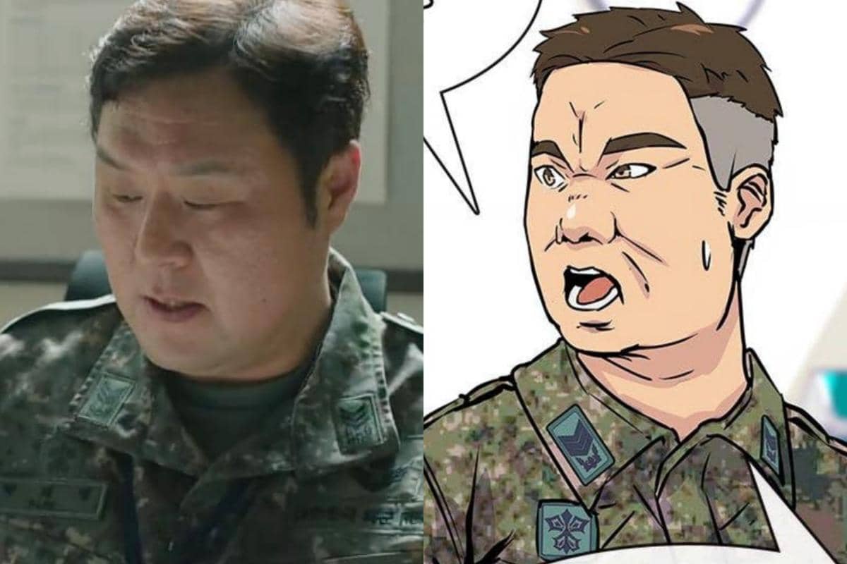 Perbandingan karakter prajurit berseragam militer dari drama Korea dan versi webtoon The Legend of Kitchen Soldier.