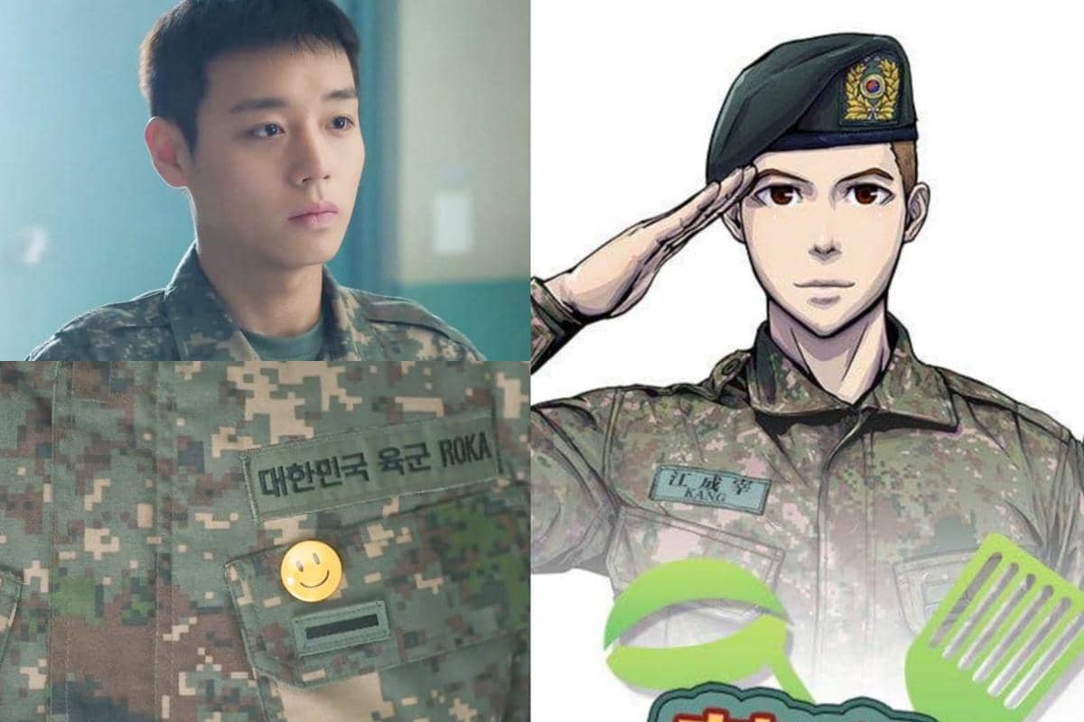 Perbandingan karakter utama dalam drama Korea dan versi webtoon The Legend of Kitchen Soldier, keduanya mengenakan seragam militer Korea.