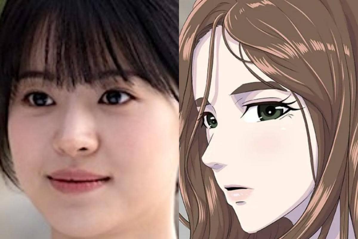 Perbandingan wajah aktris drama Korea The Legend of Kitchen Soldier dengan karakter webtoon versi animasi yang memiliki ekspresi serupa.