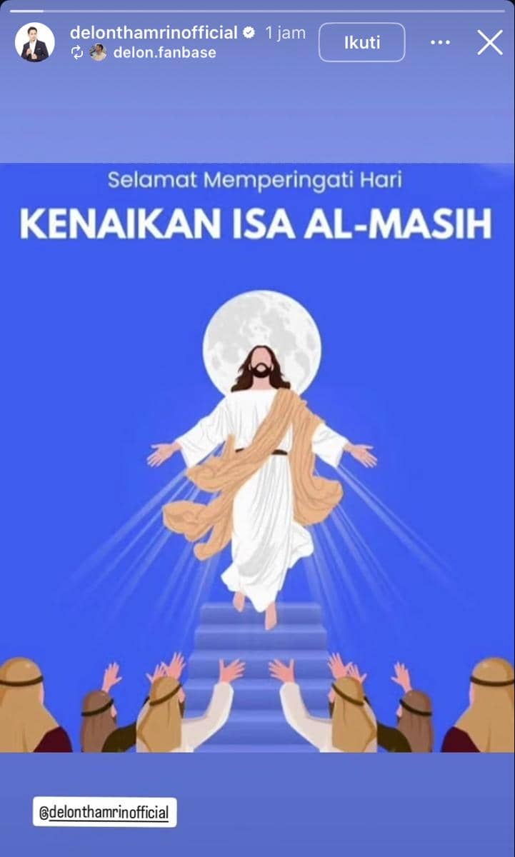 Ilustrasi Isa Almasih naik ke langit dengan latar bulan penuh dan para pengikut mengangkat tangan memperingati Kenaikan Isa Almasih.