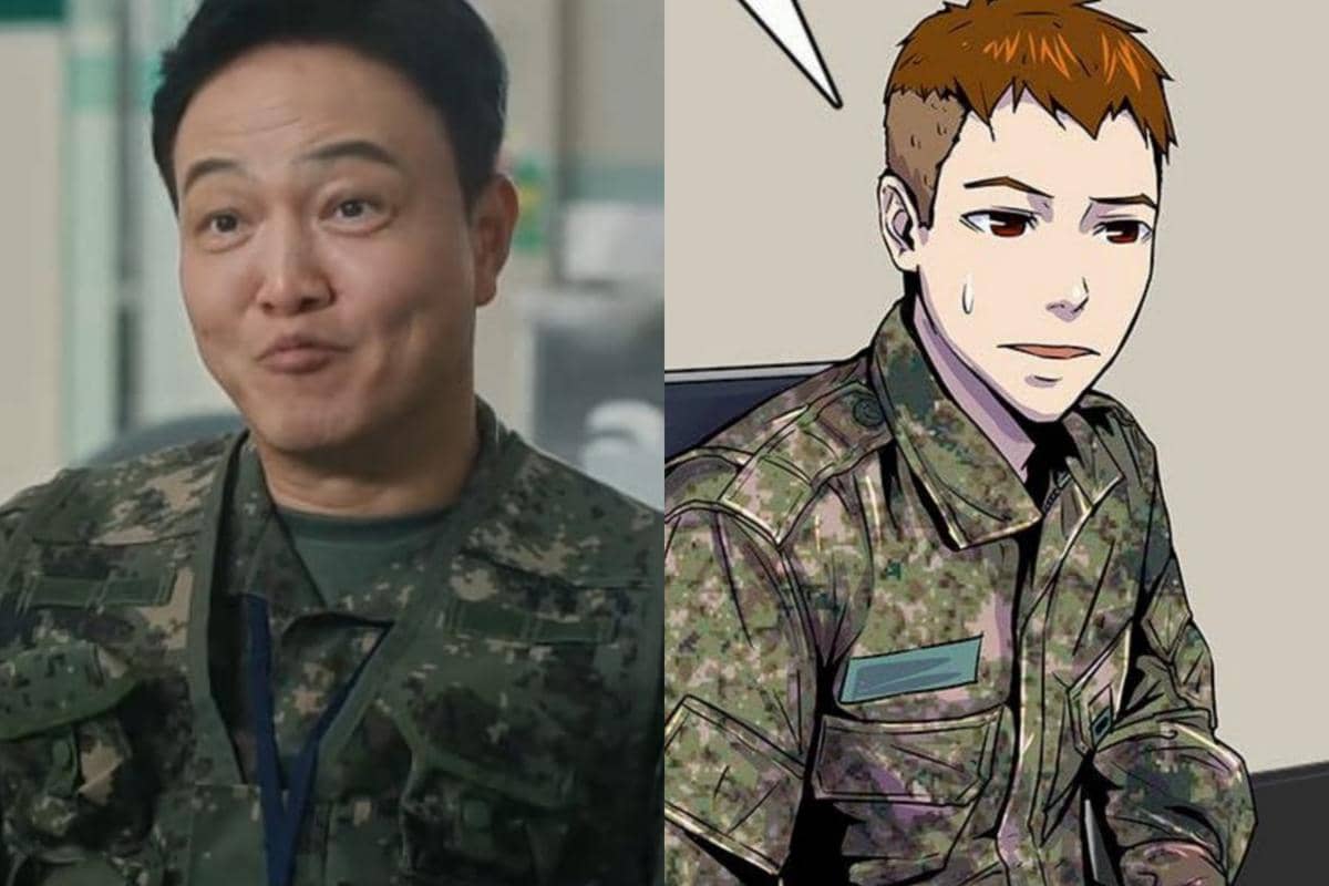 Perbandingan karakter dari drama Korea dan webtoon The Legend of Kitchen Soldier, keduanya mengenakan seragam militer dengan latar berbeda.