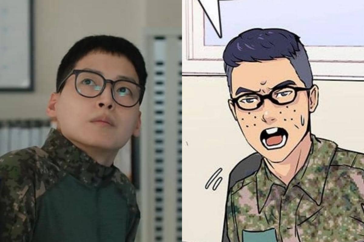Perbandingan karakter dari drama Korea dan versi webtoon The Legend of Kitchen Soldier, keduanya mengenakan seragam militer dan kacamata.
