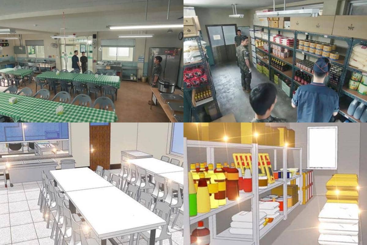 Perbandingan adegan dapur dan ruang makan dari drama Korea The Legend of Kitchen Soldier dengan versi ilustrasi webtoonnya.