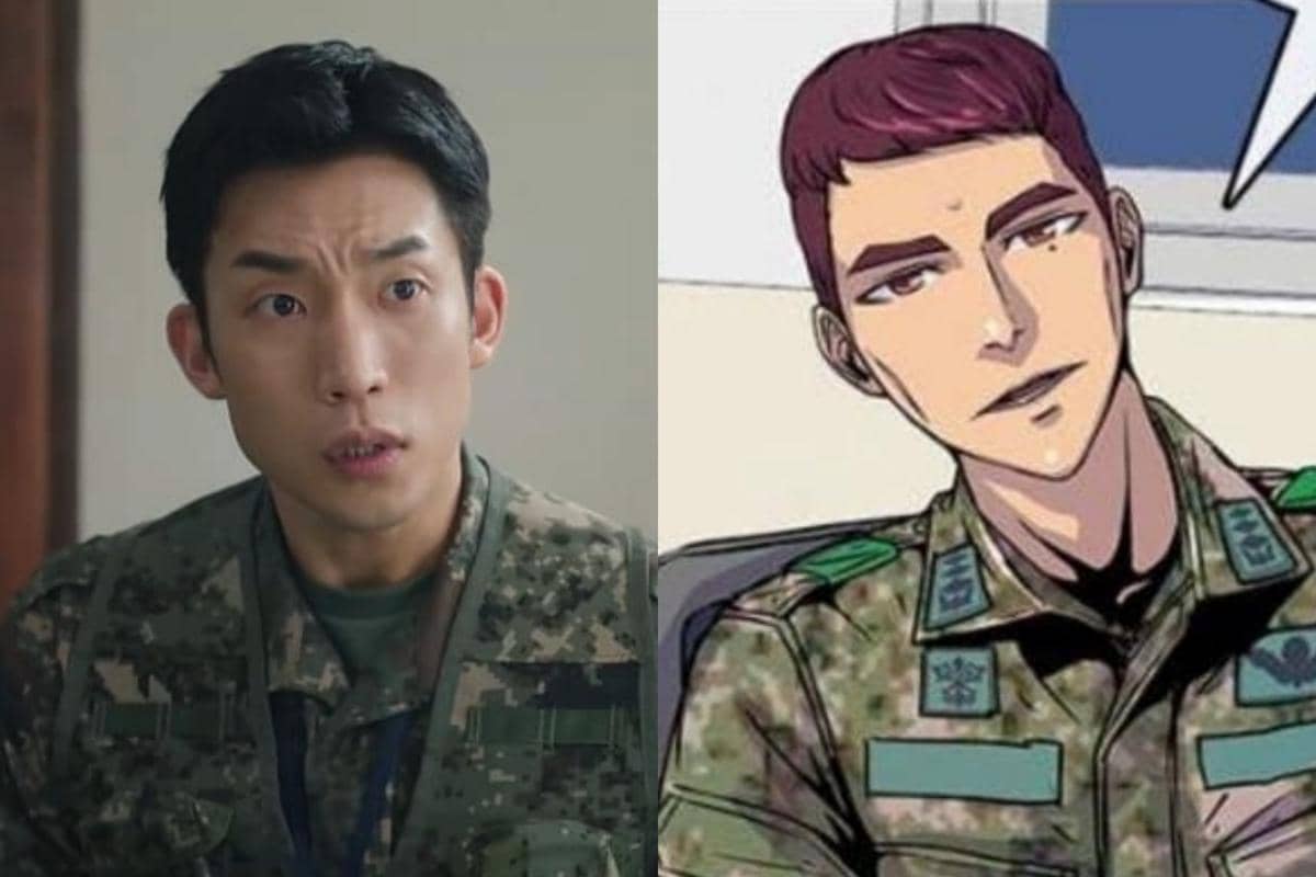 Perbandingan karakter prajurit dalam drama Korea dan versi webtoon The Legend of Kitchen Soldier dengan seragam militer.