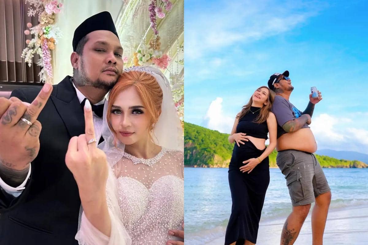 Sepasang suami istri berpose di hari pernikahan dengan busana pengantin dan di pantai saat sang istri sedang hamil, menunjukkan kebahagiaan bersama.