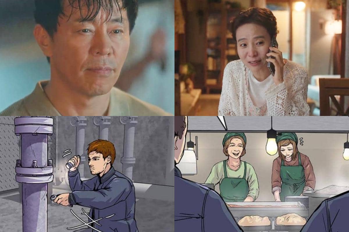 Kolase gambar menampilkan adegan dari drama Korea dan webtoon The Legend of Kitchen Soldier, memperlihatkan karakter manusia dan versi ilustrasinya.
