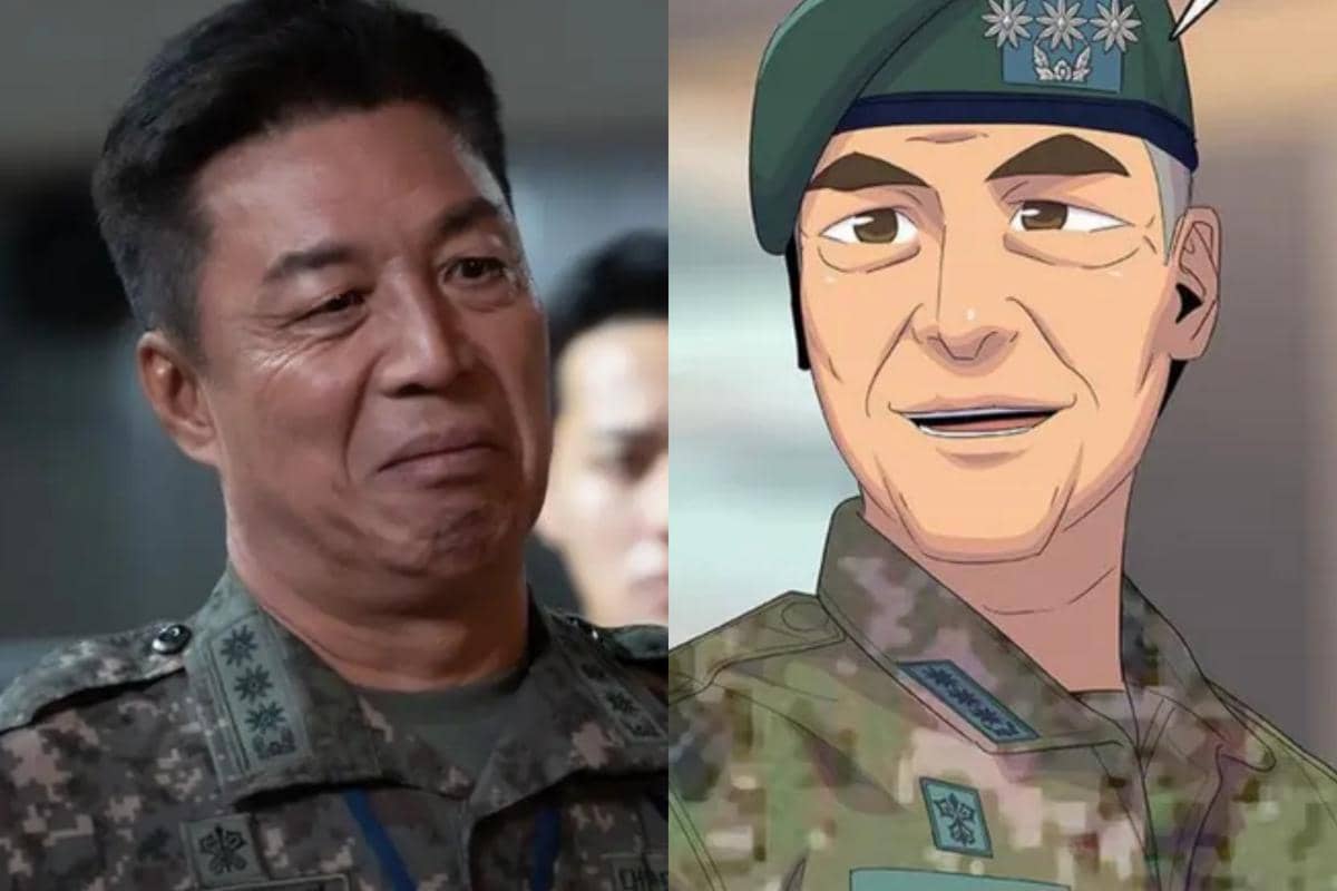 Perbandingan karakter prajurit dalam seragam militer dari drama Korea The Legend of Kitchen Soldier dan versi webtoonnya.