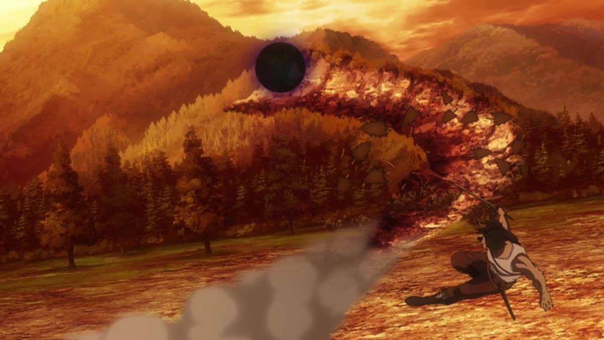 Karakter anime menggunakan sihir gravitasi menciptakan bola hitam besar di langit dengan latar pegunungan dan hutan berwarna jingga.