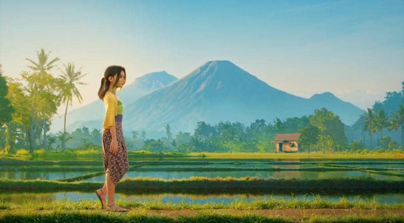 Seorang gadis mengenakan kebaya dan kain batik berjalan di tepi sawah dengan latar pegunungan dan langit cerah di pagi hari.