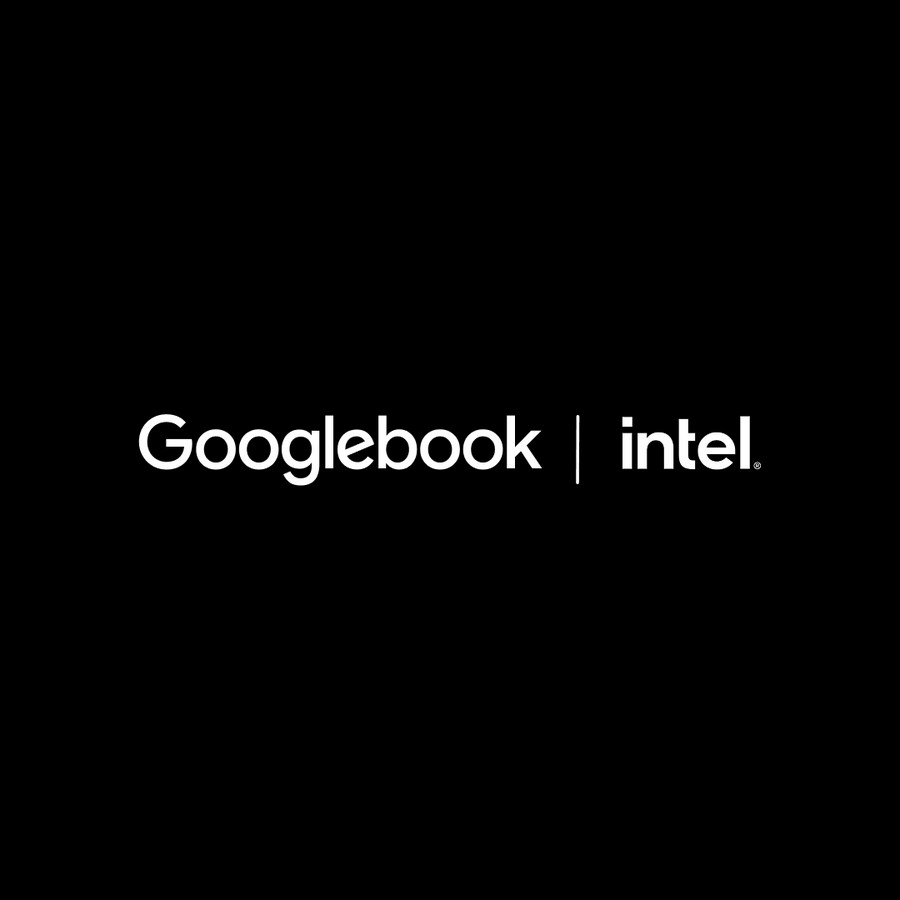 Logo bertuliskan Googlebook dan Intel dengan latar belakang hitam serta teks putih di tengah gambar.