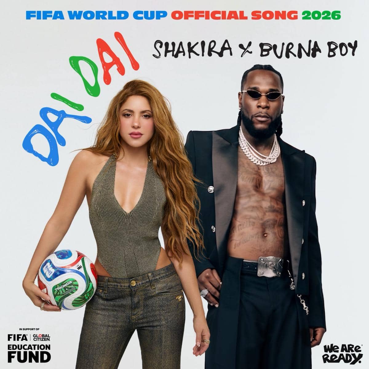Dua musisi berpose di cover art single berjudul Dai Dai, dengan latar bertema Piala Dunia FIFA 2026 dan tulisan berwarna cerah.