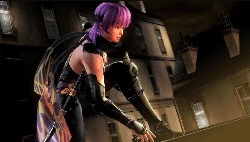 Karakter Ayane dari game Ninja Gaiden dengan rambut ungu dan pakaian ninja hitam sedang berjongkok di atap bangunan malam hari.