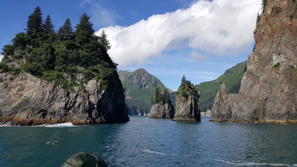 Pemandangan tebing batu besar dengan pepohonan hijau di Kenai Fjords, Alaska, dikelilingi air laut biru jernih dan langit berawan.
