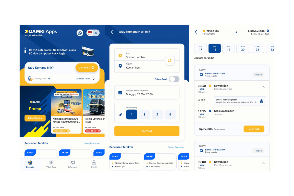 Tampilan aplikasi DAMRI untuk pemesanan tiket rute Stasiun Jember - Kawah Ijen secara online.