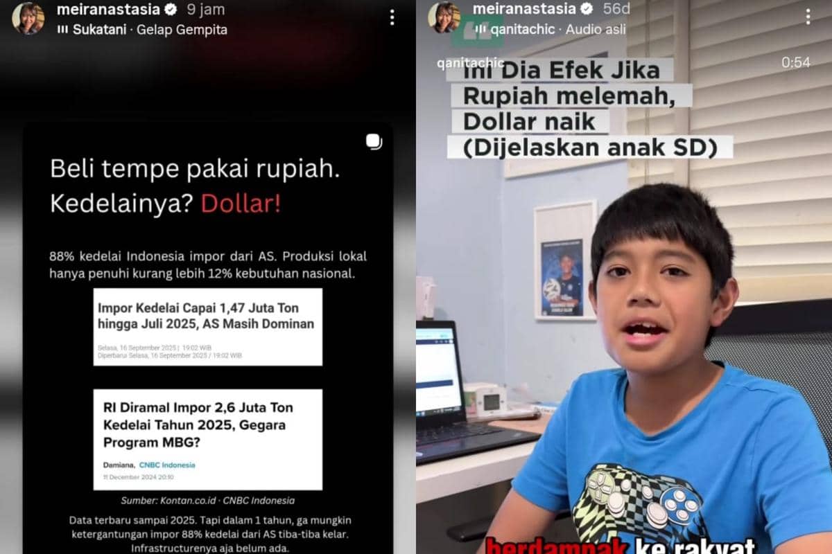 Tangkapan layar unggahan Instagram berisi penjelasan tentang dampak pelemahan rupiah terhadap impor kedelai dan nilai dolar, serta seorang anak menjelaskan efeknya.