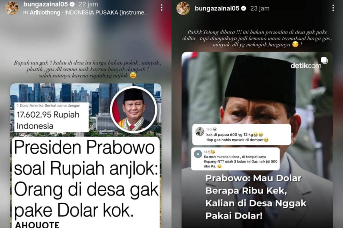 Tangkapan layar unggahan Instagram Bunga Zainal yang menanggapi pernyataan Presiden Prabowo tentang nilai tukar rupiah yang melemah terhadap dolar Amerika.