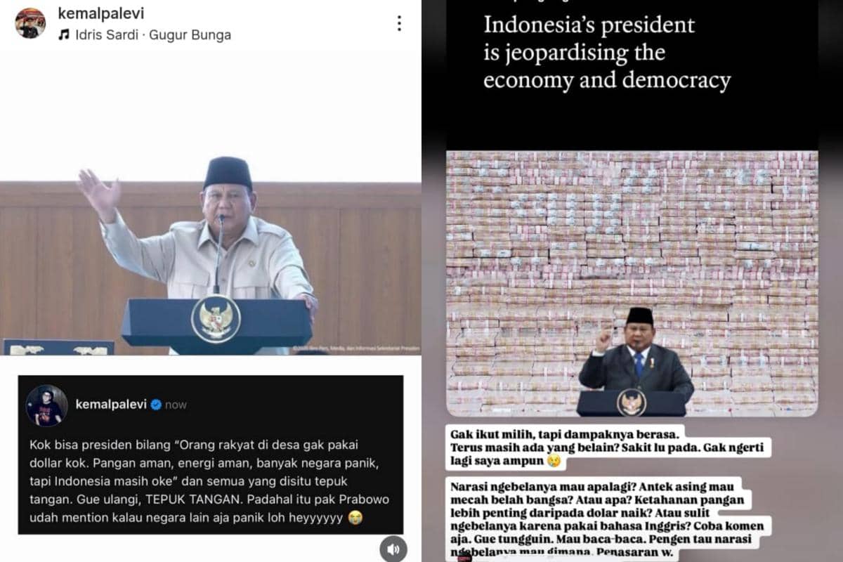 Tangkapan layar unggahan Kemal Pahlevi di Instagram yang menampilkan tanggapan terhadap pernyataan presiden mengenai kondisi ekonomi dan nilai rupiah.