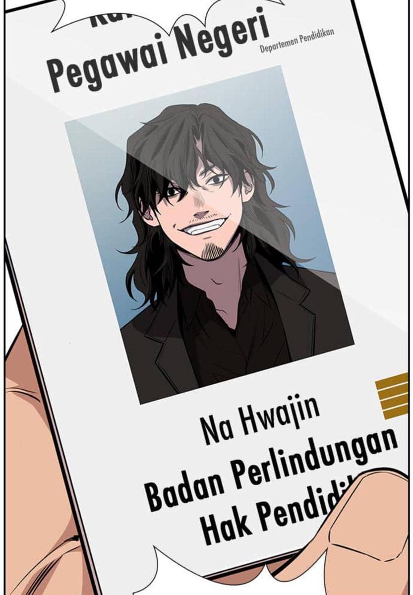 Kartu identitas karakter Na Hwajin dari webtoon Teach You a Lesson dengan latar biru dan tulisan Badan Perlindungan Hak Pendidikan.