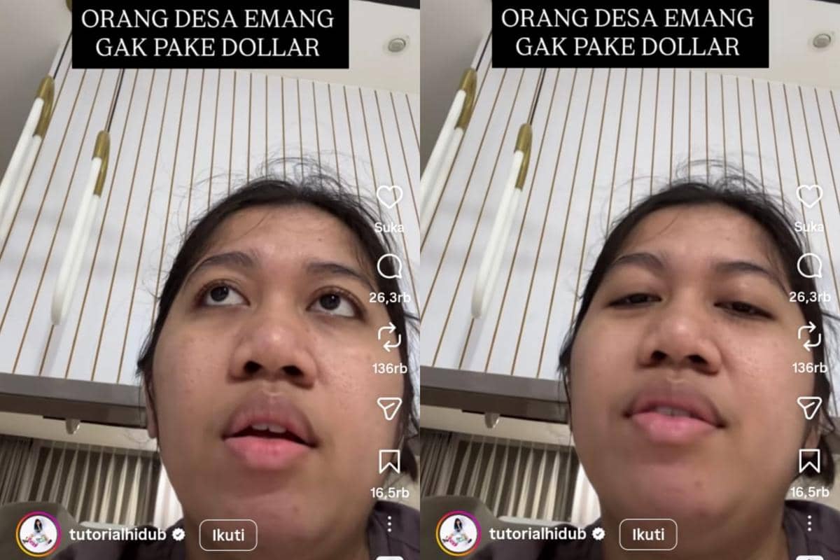 Tangkapan layar video Instagram menampilkan seorang perempuan berbicara dengan teks di layar bertuliskan 'Orang desa emang gak pake dollar'.