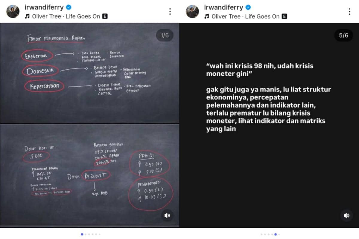 Tangkapan layar unggahan Instagram berisi analisis faktor pelemahan rupiah dan penjelasan ekonomi dengan tulisan di papan tulis hitam.