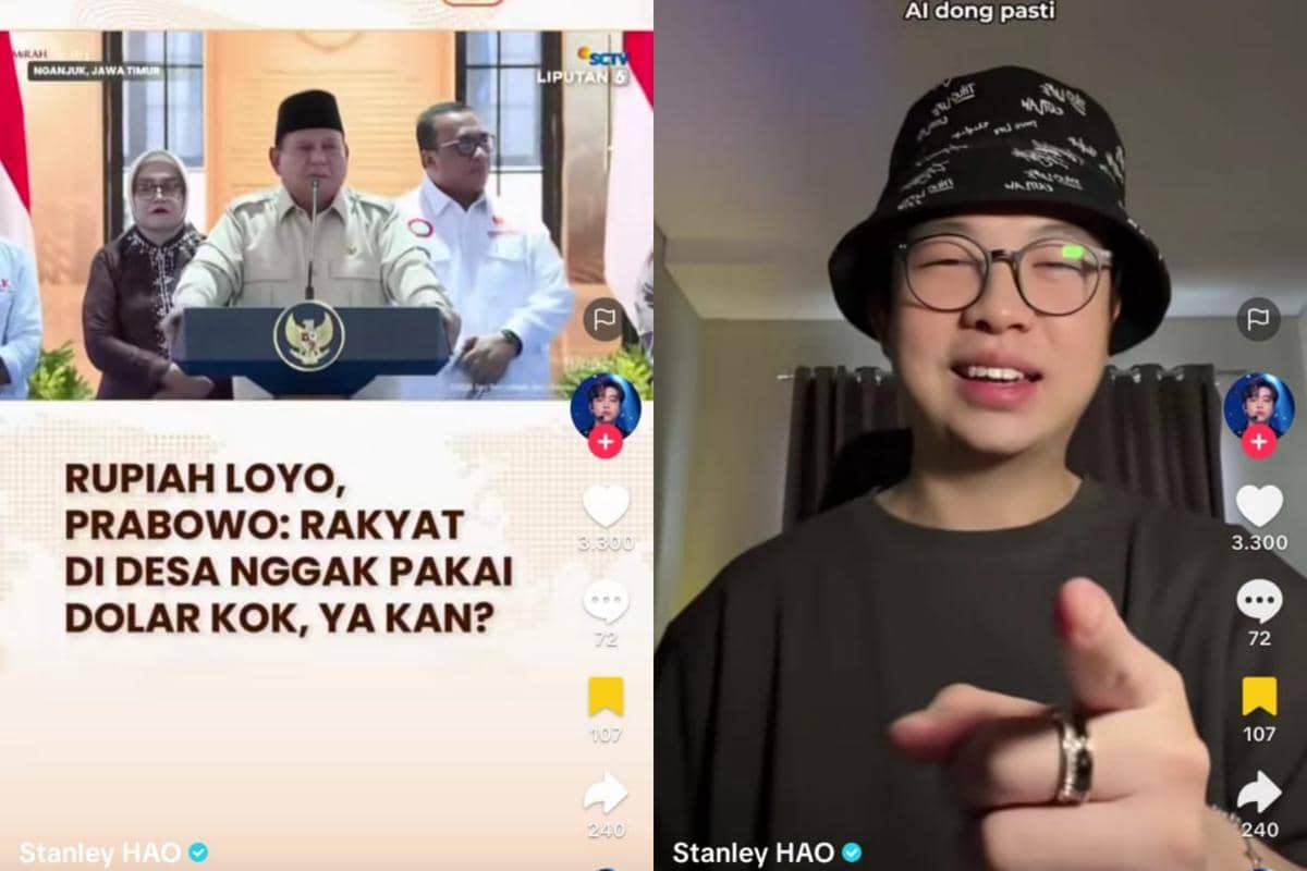 Tangkapan layar video TikTok menampilkan tanggapan Stanley Hao terhadap pernyataan Prabowo tentang pelemahan nilai rupiah.