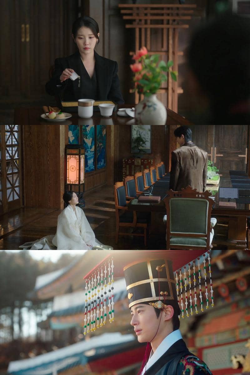 Potongan adegan drama Korea Perfect Crown menampilkan suasana kerajaan dengan karakter mengenakan busana tradisional dan modern.