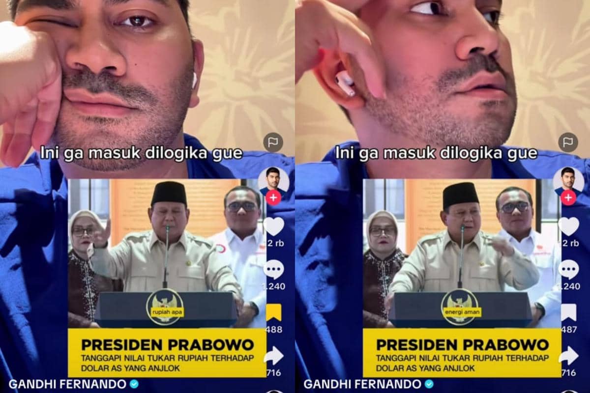Kolase video Gandhi Fernando bereaksi terhadap pernyataan Presiden Prabowo mengenai nilai tukar rupiah yang anjlok terhadap dolar AS.