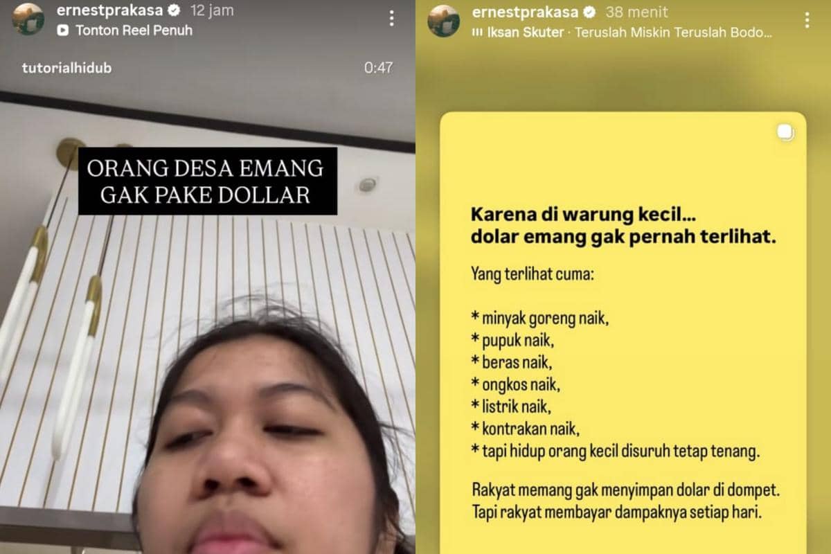 Tangkapan layar unggahan Instagram berisi tanggapan Ernest Prakasa tentang pelemahan rupiah dengan tulisan sindiran mengenai dampak ekonomi bagi rakyat kecil.