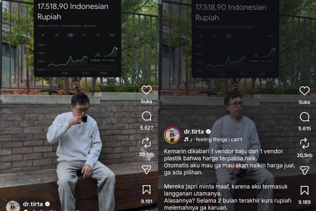 Seorang pria duduk sambil memegang cangkir di depan grafik nilai tukar rupiah terhadap dolar AS yang menunjukkan pelemahan rupiah.