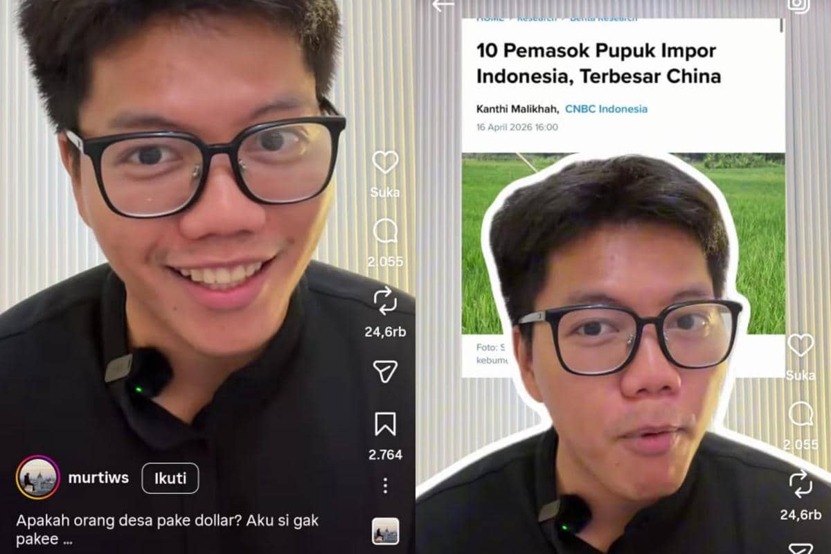 Seorang pria berkacamata berbicara dalam video media sosial membahas isu ekonomi terkait nilai tukar rupiah dan impor pupuk.