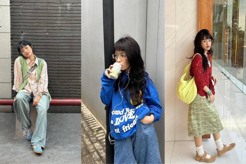 Kolase tiga foto Sitarani mengenakan outfit colorful, termasuk kemeja garis, hoodie biru, dan sweater merah dengan rok hijau.