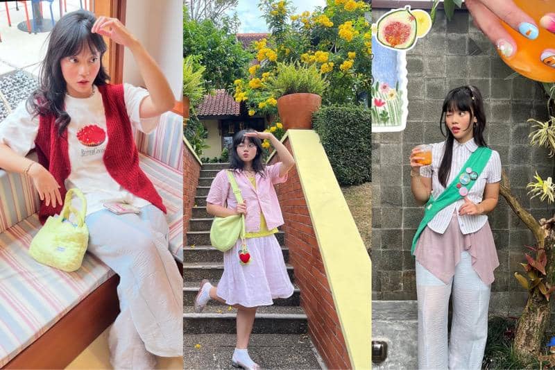Kolase tiga foto Nabila Balqis Elgabi mengenakan outfit colorful dengan gaya kasual, memadukan warna cerah dan aksesori unik.