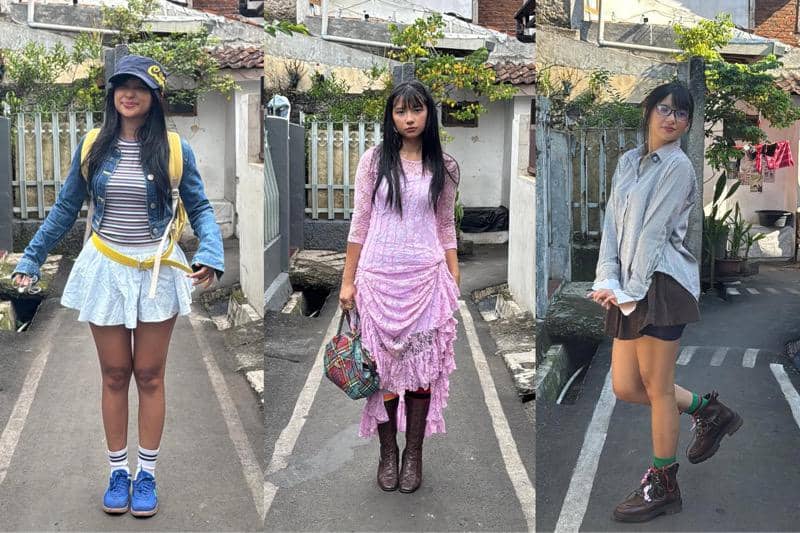 Kolase tiga foto menampilkan seorang perempuan mengenakan tiga gaya outfit berbeda yang berwarna-warni di jalan perumahan.