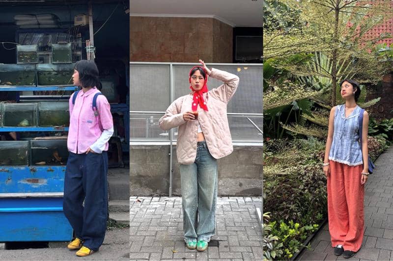 Kolase tiga foto Kheera mengenakan outfit colorful dengan gaya kasual, termasuk paduan warna cerah dan aksesori unik di berbagai lokasi.