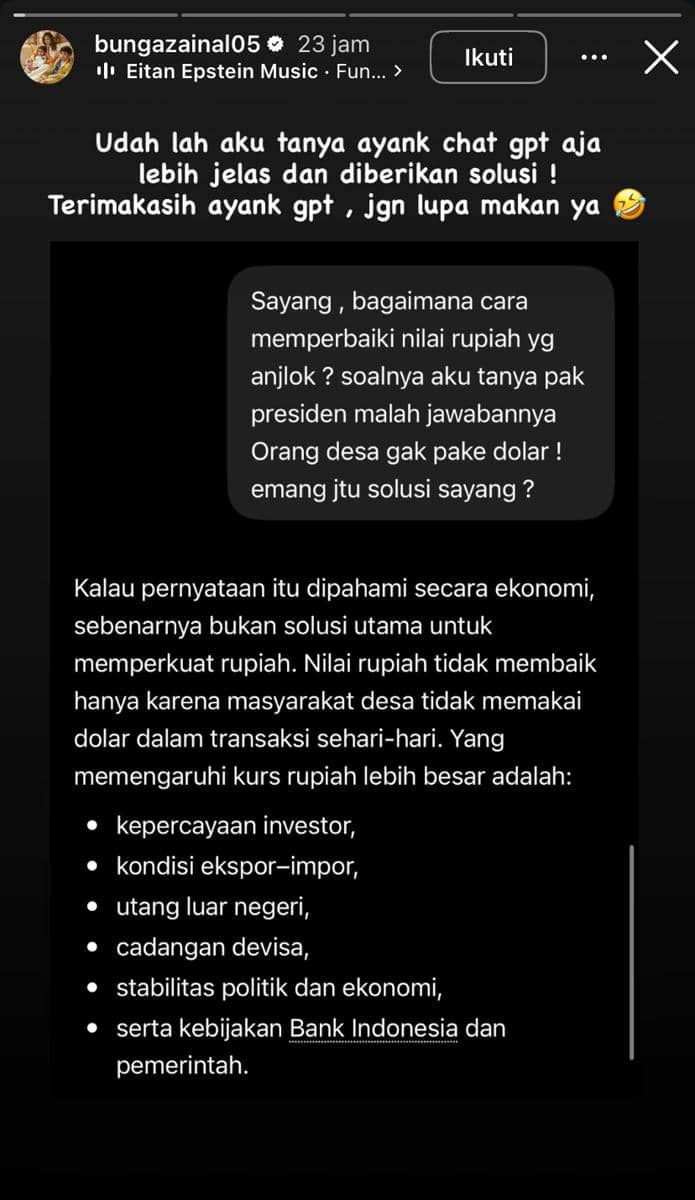 Tangkapan layar Instagram Story berisi percakapan tentang cara memperbaiki nilai rupiah yang anjlok dengan penjelasan ekonomi dari ChatGPT.