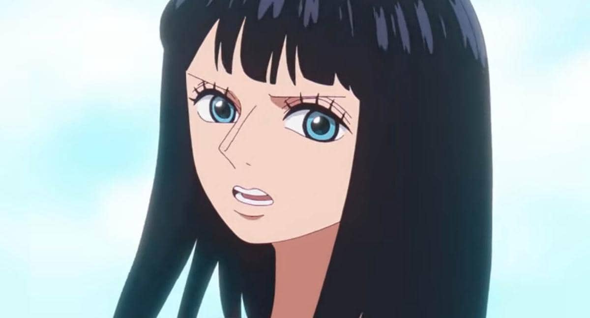 Karakter anime berambut hitam panjang dengan ekspresi terkejut, menatap ke arah depan dengan latar langit cerah.