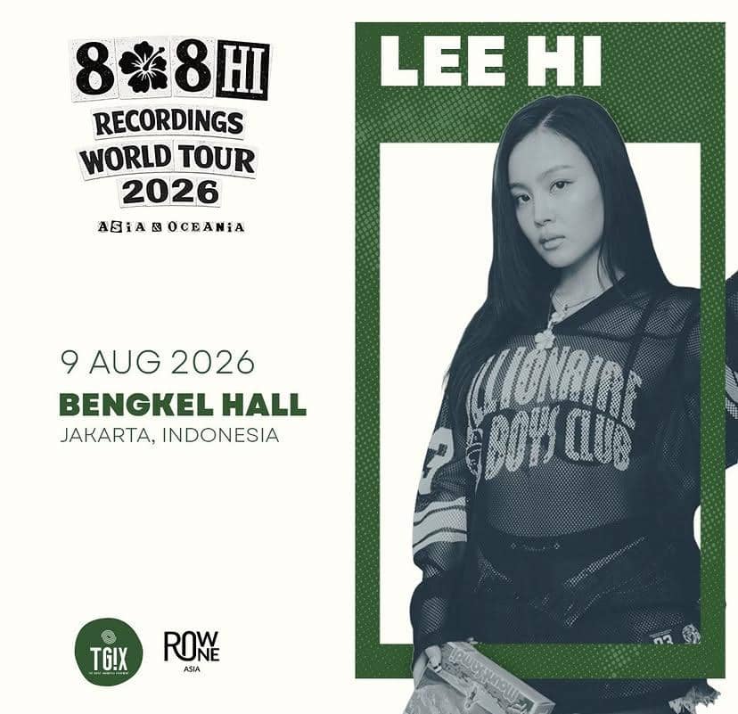 Poster tur dunia Lee Hi 808 HI Recordings 2026 menampilkan tanggal konser di Bengkel Hall Jakarta pada 9 Agustus 2026.