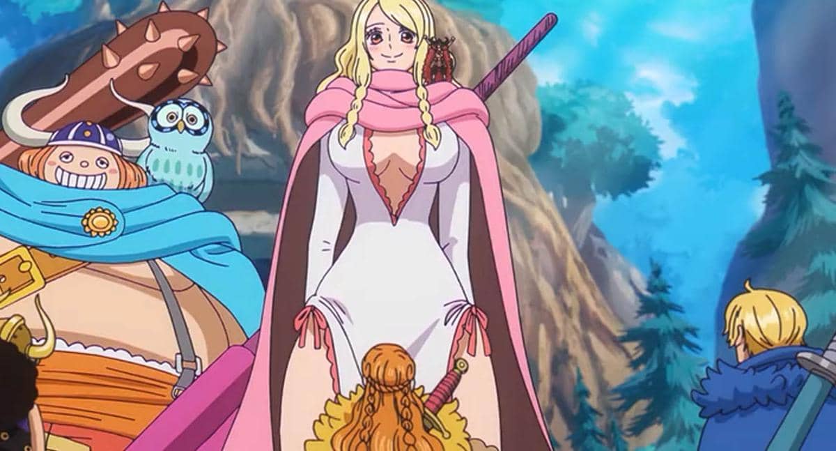 Gerd dan Goldberg dari anime One Piece bertemu dengan kru Topi Jerami di area pegunungan dengan latar pepohonan hijau.