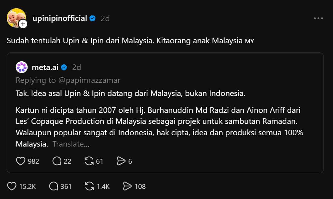 Tangkapan layar unggahan akun resmi Threads Upin Ipin yang menegaskan asal karakter animasi tersebut berasal dari Malaysia.