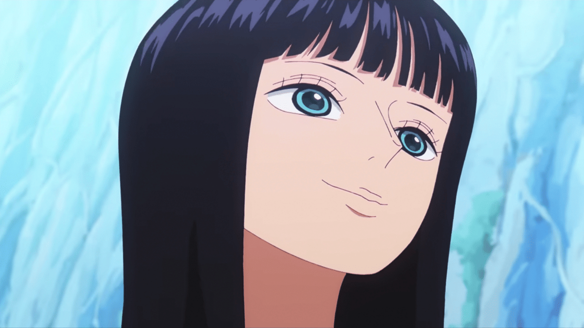 Nico Robin dengan rambut hitam panjang dan mata biru tersenyum lembut dalam adegan dari episode 1161 anime One Piece.