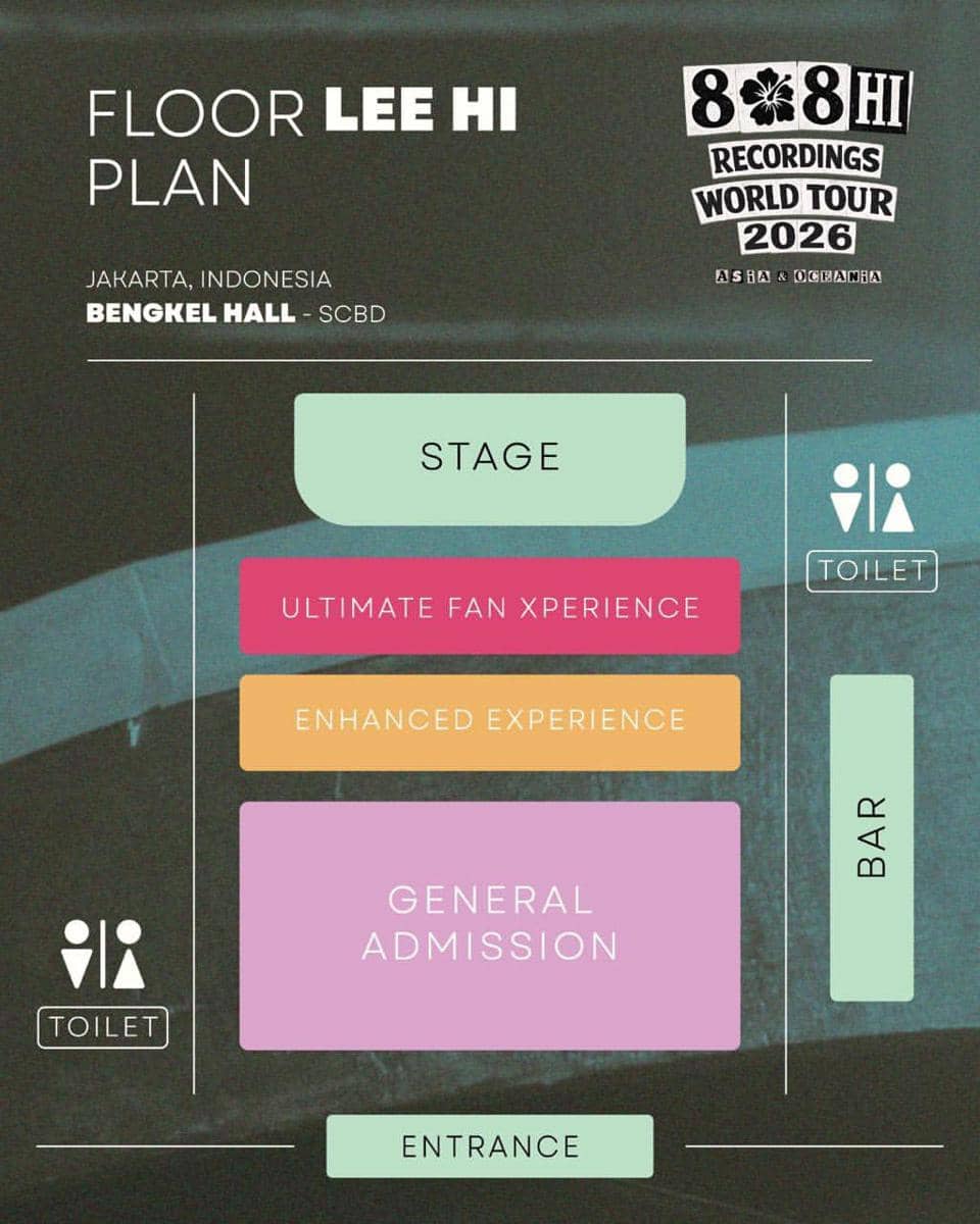 Denah area konser Lee Hi World Tour 2026 di Bengkel Hall Jakarta menampilkan pembagian zona penonton dan fasilitas seperti bar serta toilet.