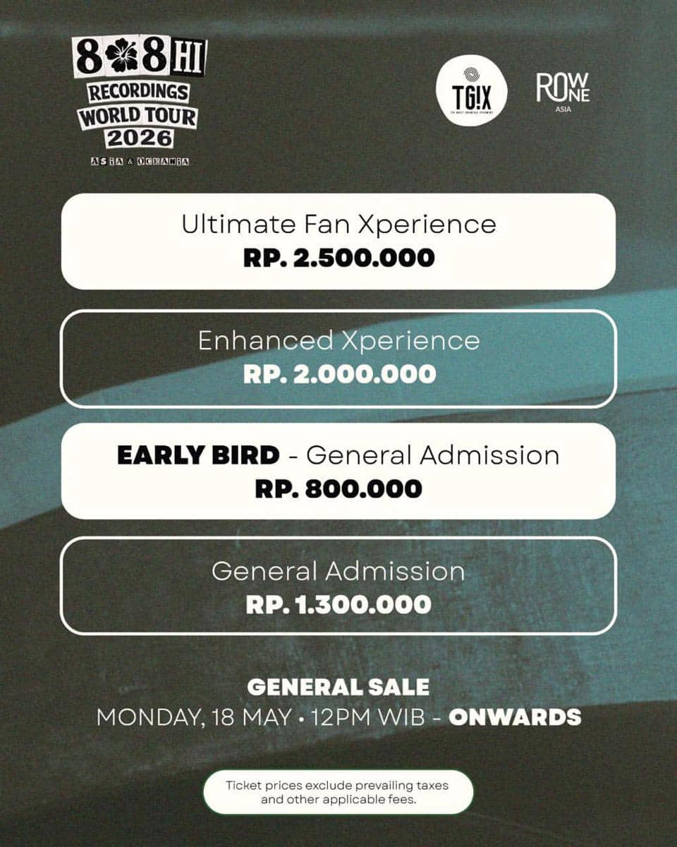 Daftar harga tiket konser Lee Hi di Jakarta tahun 2026 dengan kategori Ultimate Fan Xperience, Enhanced Xperience, Early Bird, dan General Admission.
