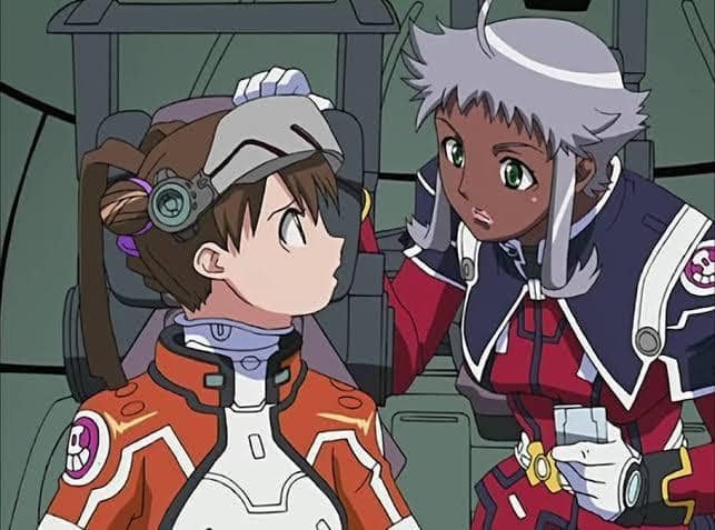 Dua karakter anime Stellvia of the Universe mengenakan seragam luar angkasa sedang berbicara di dalam kokpit pesawat luar angkasa.