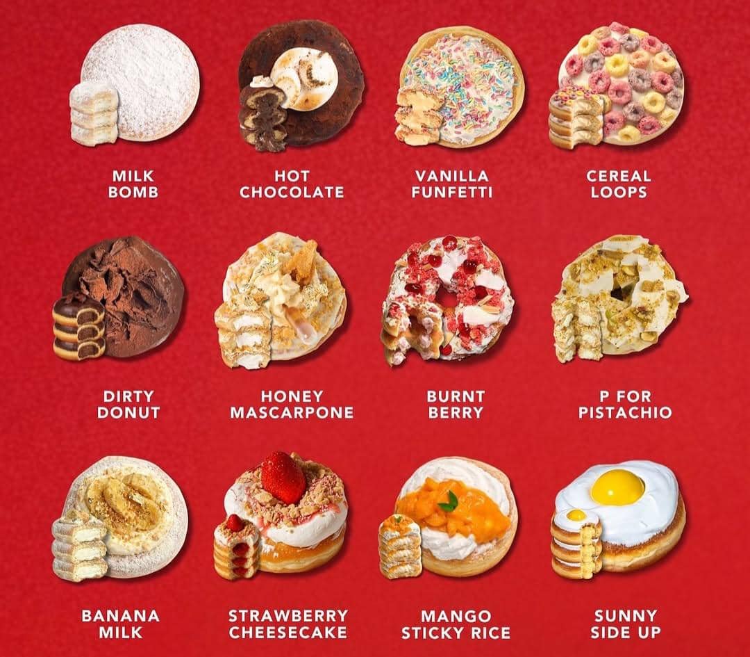 Beragam donat kreasi Hoomie Dough dengan berbagai rasa unik seperti milk bomb, hot chocolate, vanilla funfetti, dan sunny side up di latar merah.